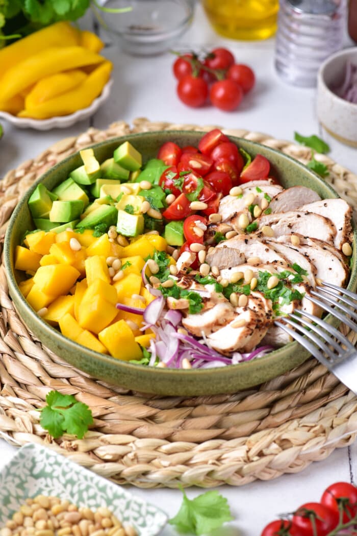This Mango Chicken Salad is the perfect combination of sweet, savory, creamy, and crunchy in every bite. Mango Chicken Salad topped with pine nuts.