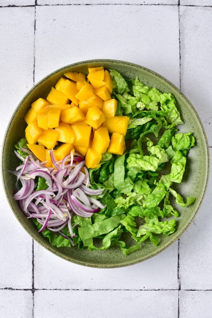 This Mango Chicken Salad is the perfect combination of sweet, savory, creamy, and crunchy in every bite. Adding the mango and red onion.