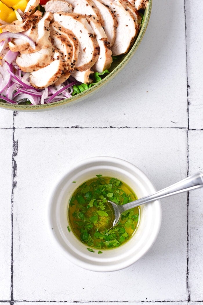 This Mango Chicken Salad is the perfect combination of sweet, savory, creamy, and crunchy in every bite. Making the dressing.