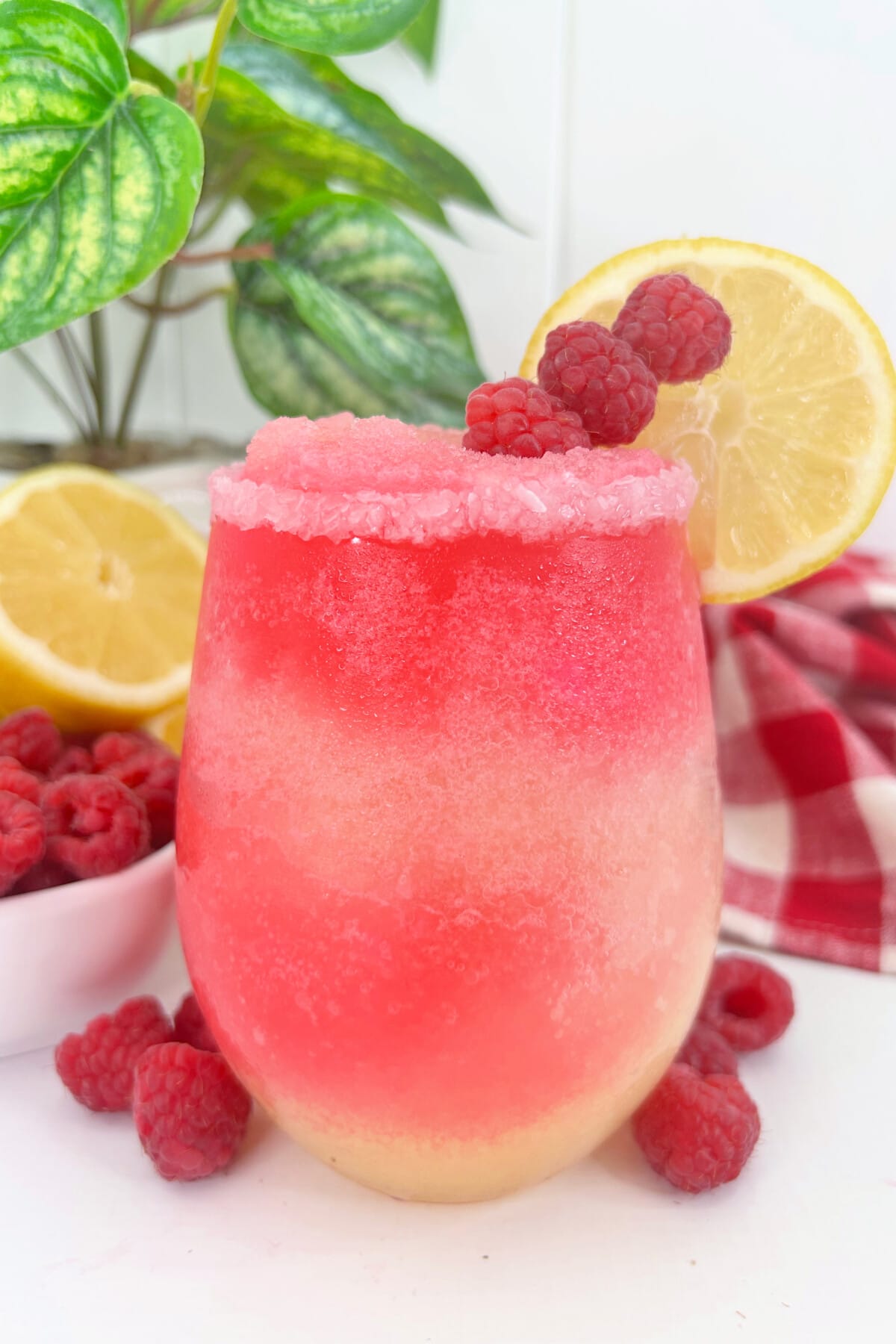 Raspberry Lemonade Cocktail topped with fresh fruit.
