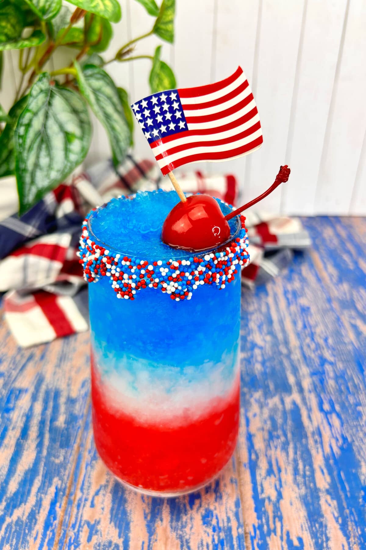 Red White and Blue Margaritas in clear glasses.