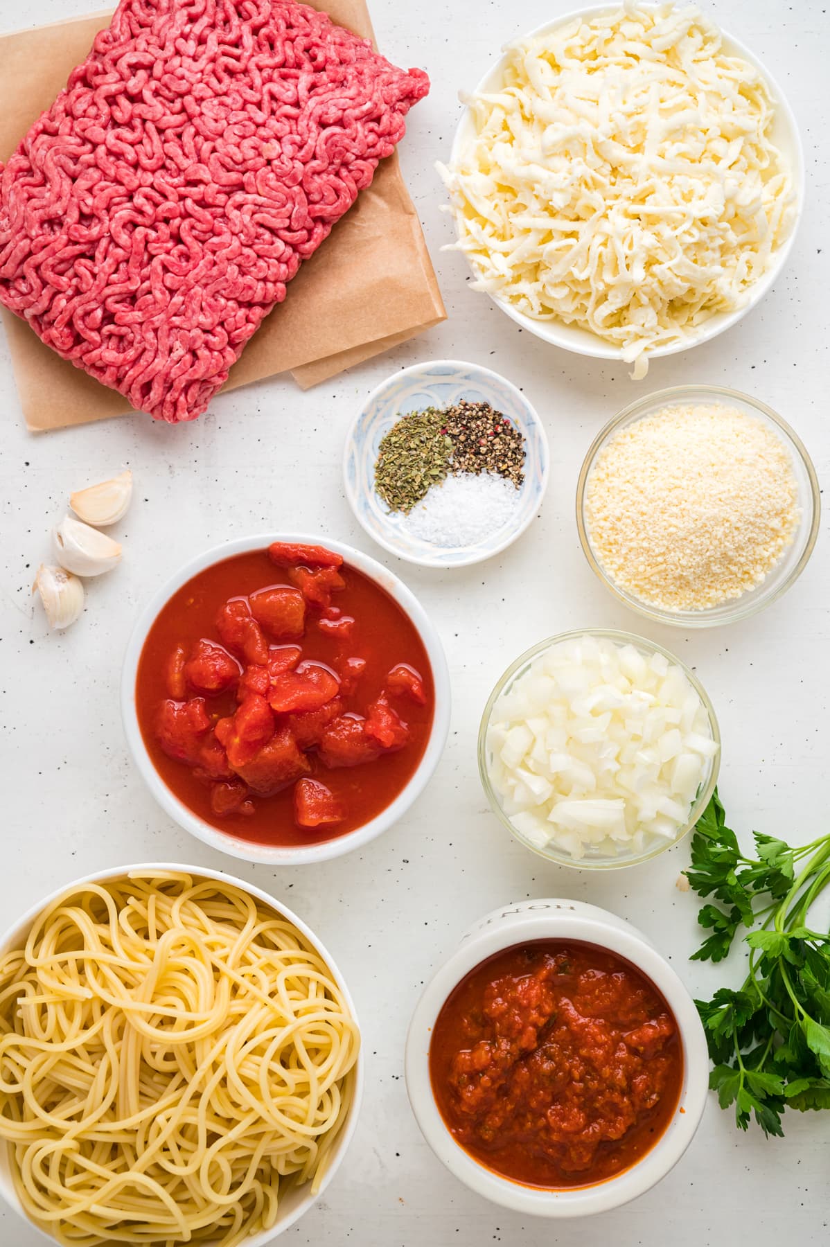 Overhead view of baked spaghetti ingredients