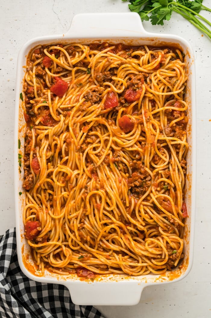 Spaghetti with meat sauce in a casserole dish