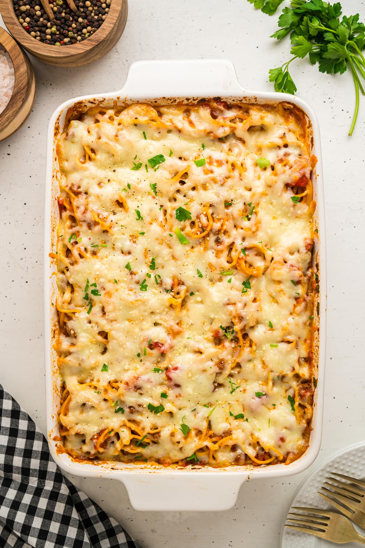 Overhead view of baked spaghetti casserole