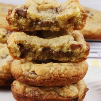 A stack of Deep Dish Chocolate Chip Cookies.