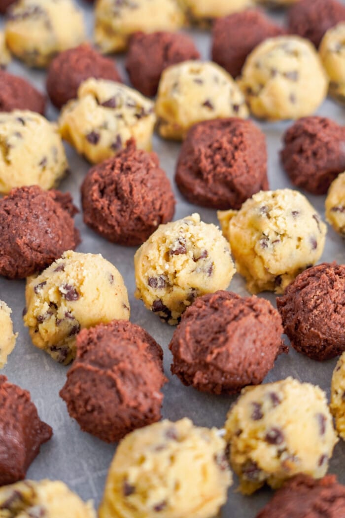 brownie batter and chocolate chip cookie dough batter rolled into balls