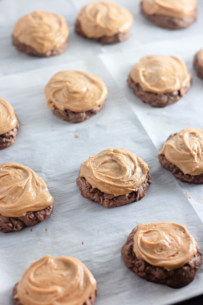 Peanut Butter Mixture on top of Brownie Cookies