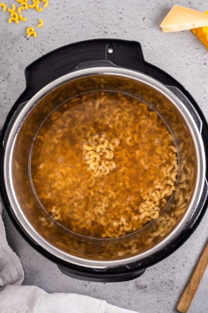 broth, seasoning and elbow macaroni in instant pot