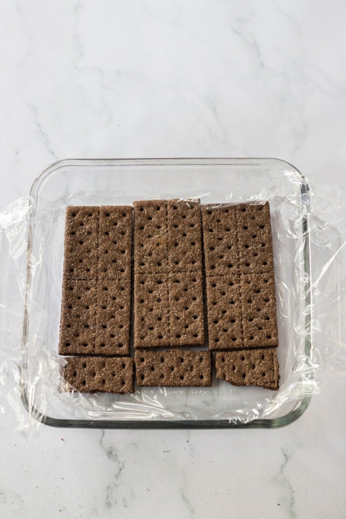chocolate graham crackers in square glass dish