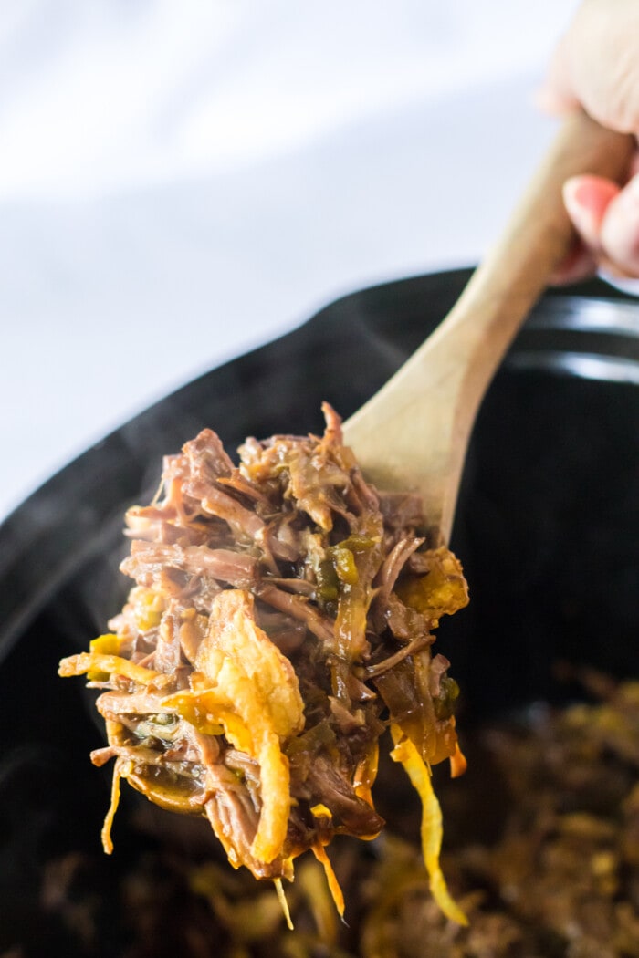 bbq beef on wooden spoon in slow cooker
