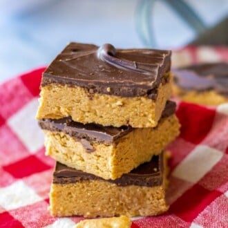 lunch lady peanut butter bars stacked on top of red and white napkin