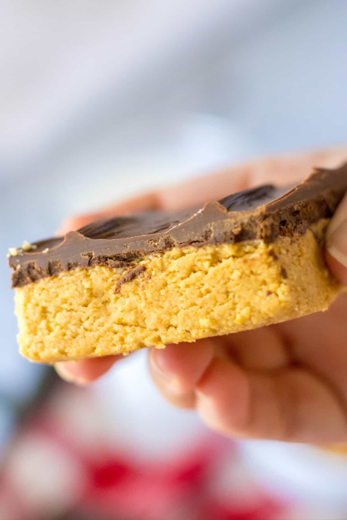 a hand holding a Lunch Lady Peanut Butter Bar