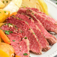 Slices of corned beef on a plate