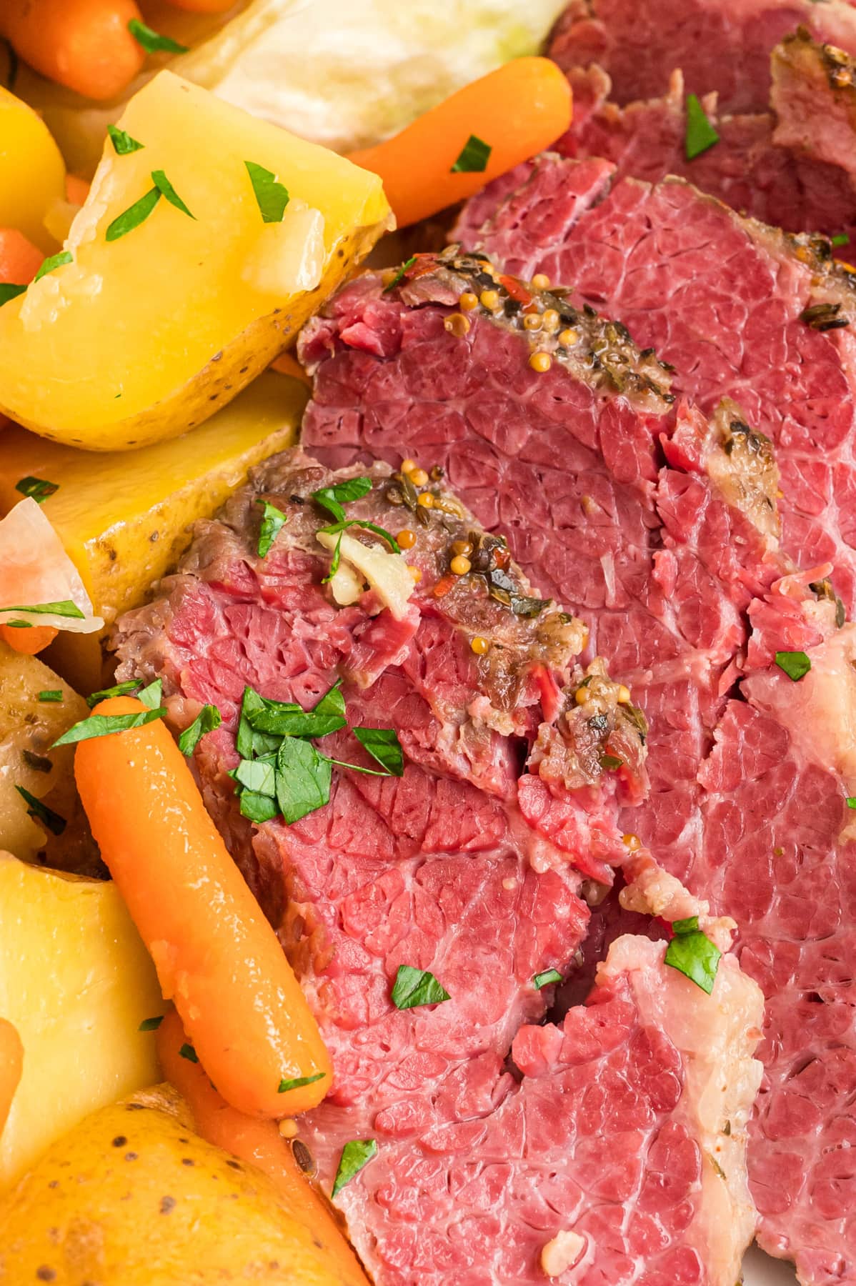 Close up of slices of corned beef