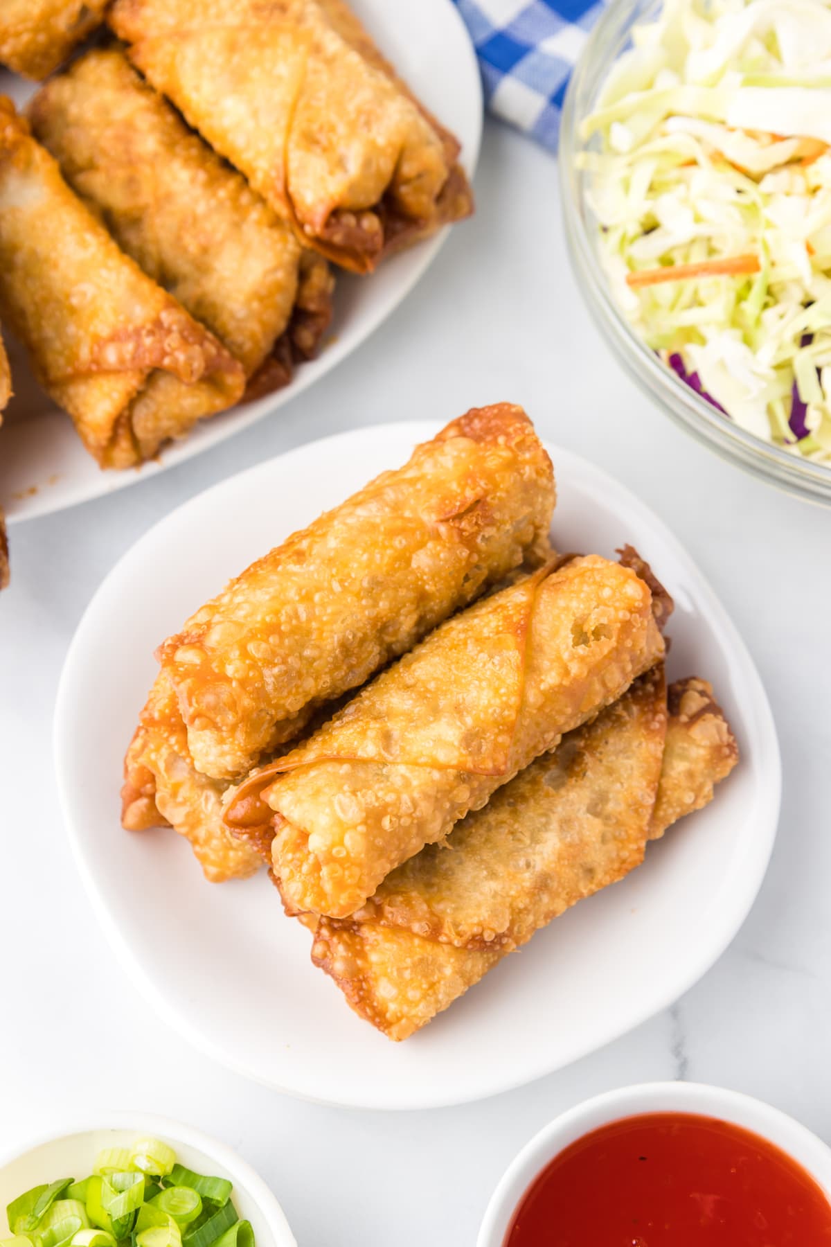 white plate with egg rolls