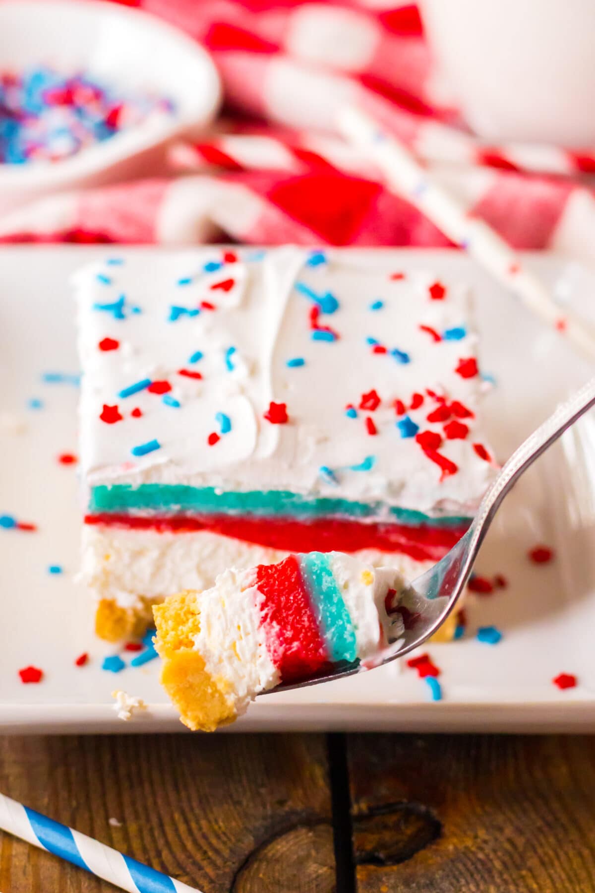 A bite of Red White and Blue Lush on a fork