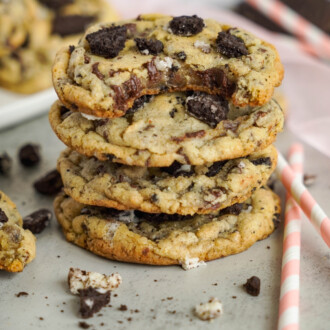 stack of oreo chocolate chip cookies with bite out