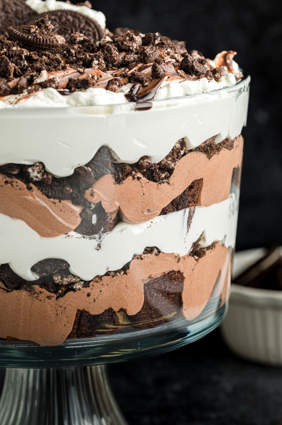 oreo trifle with brownies, chocolate pudding and whip cream