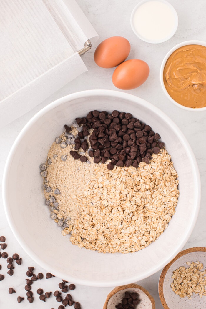oatmeal cookie mix in white bowl with chocolate chips