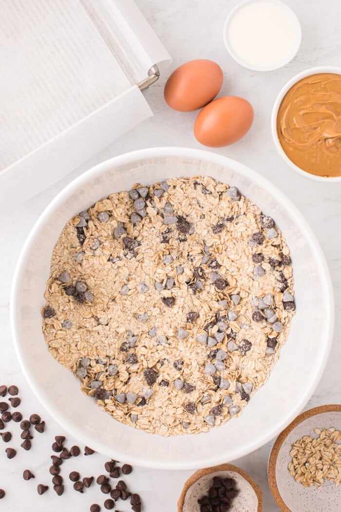 oatmeal cookie mix in white bowl mixed with chocolate chips