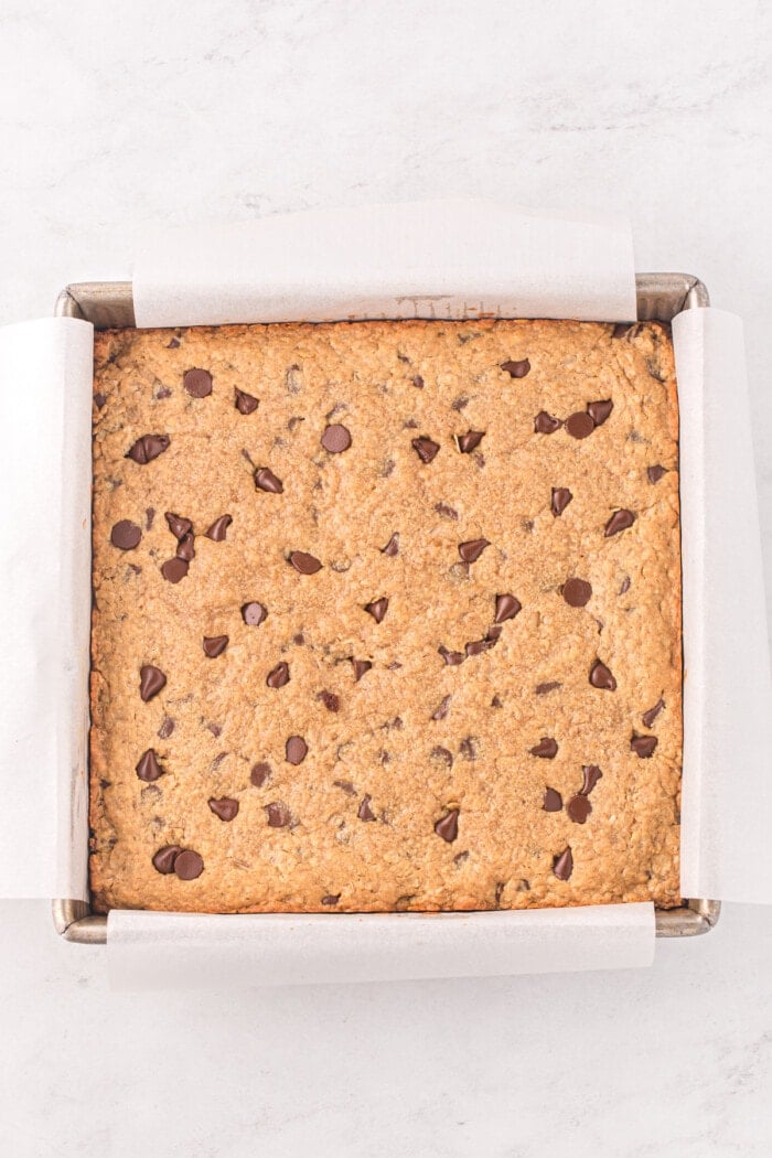 peanut butter oatmeal bars baked in square metal pan