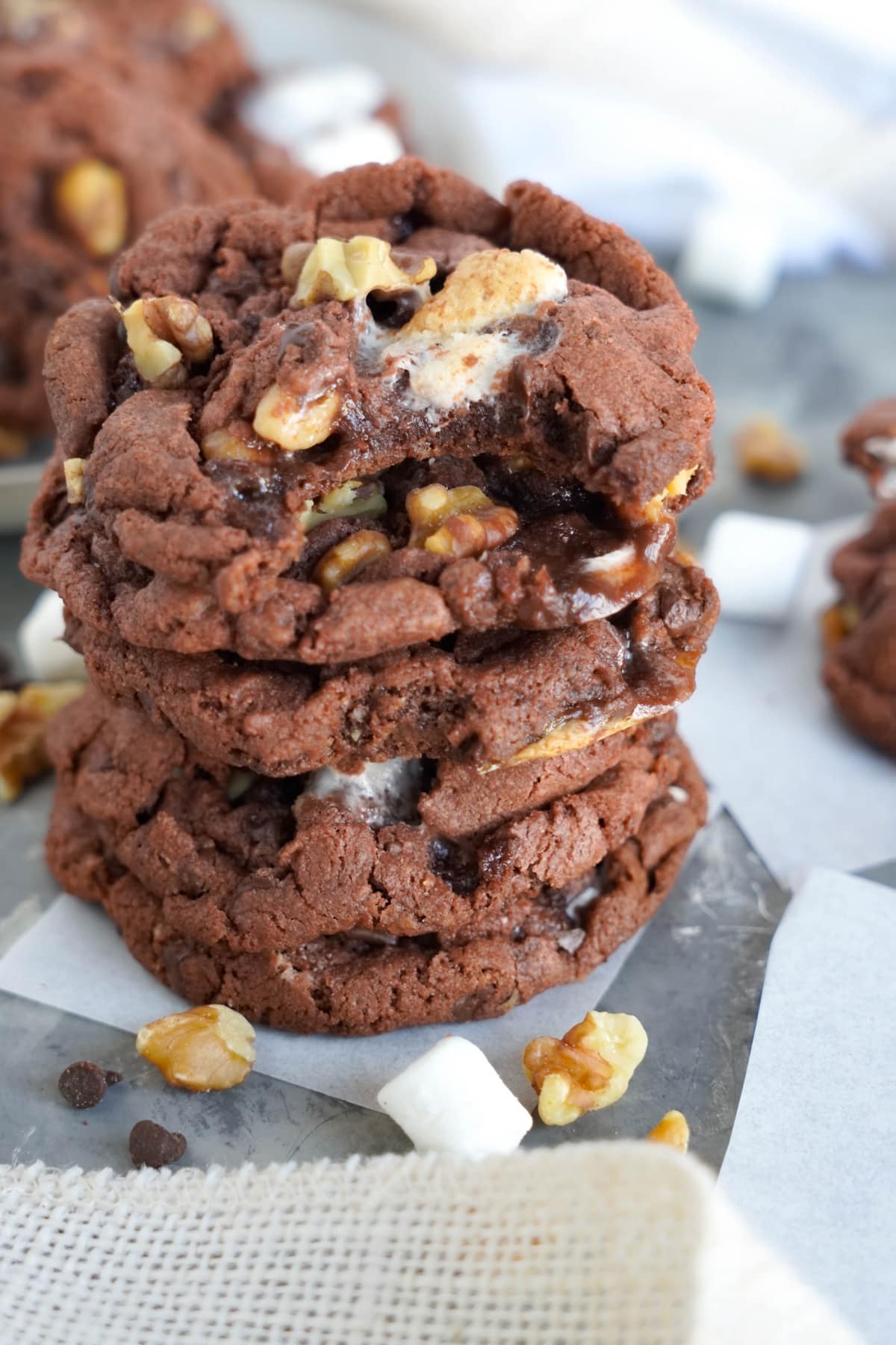stack of rocky road cookies with bite out