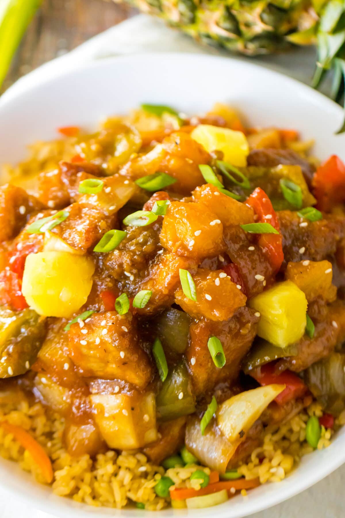 sweet and sour pork in a white bowl