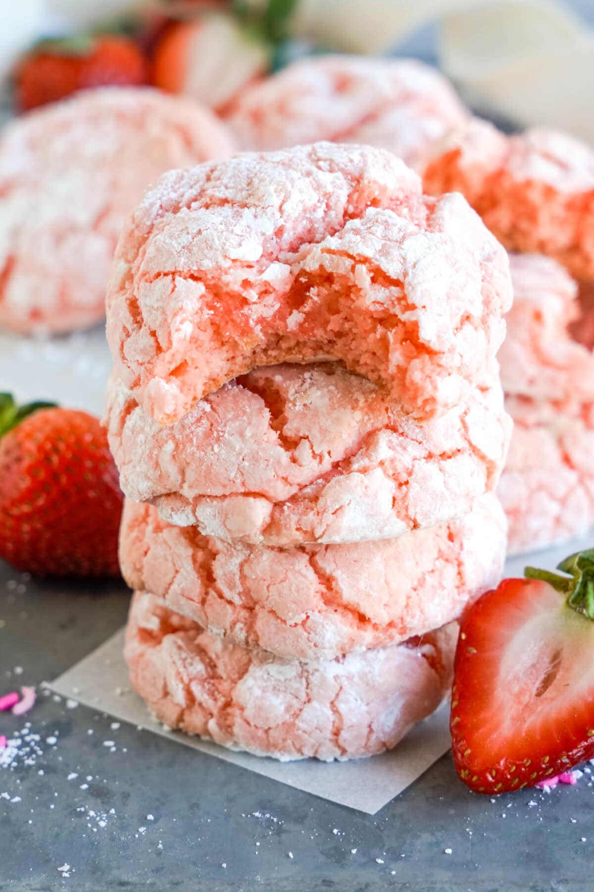 strawberry crinkle cookies in a stack