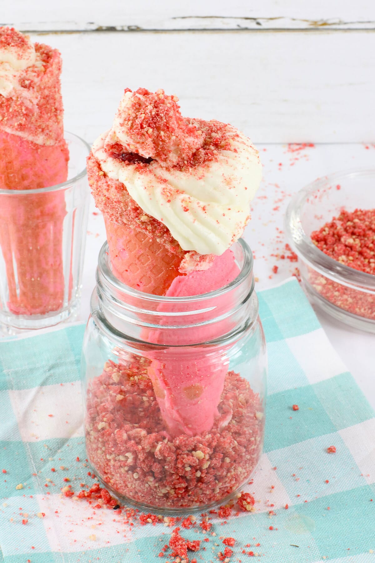 Strawberry Crunch Cheesecake Cones in a jar