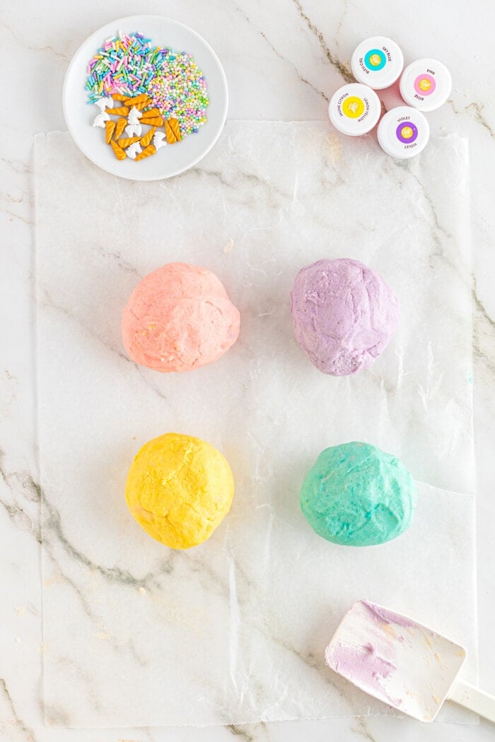 sugar cookie dough mixed with colors to make unicorn cookies