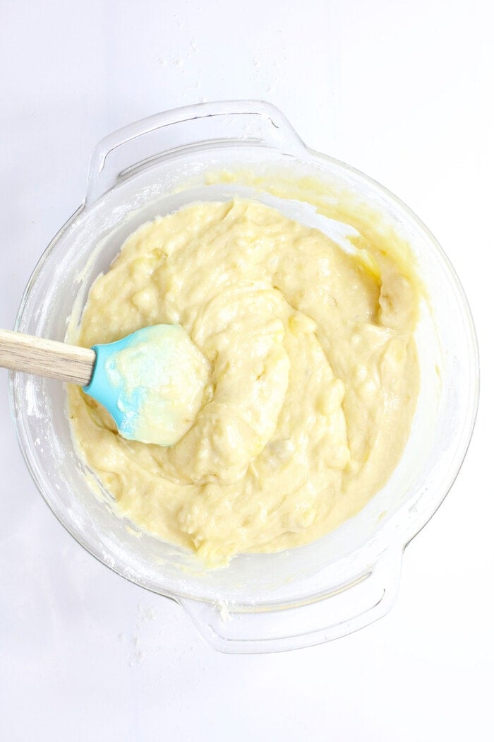 banana batter mixed in glass bowl