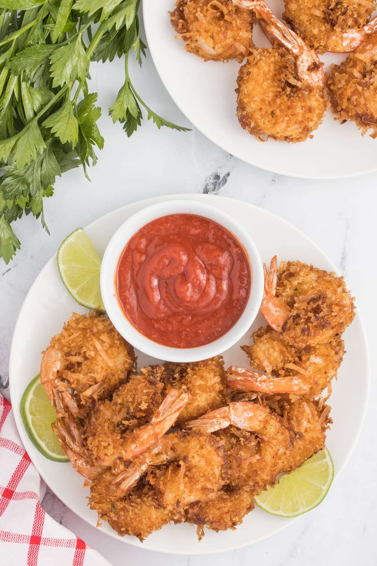Overhead view of a plate of coconut shrimp with sauce