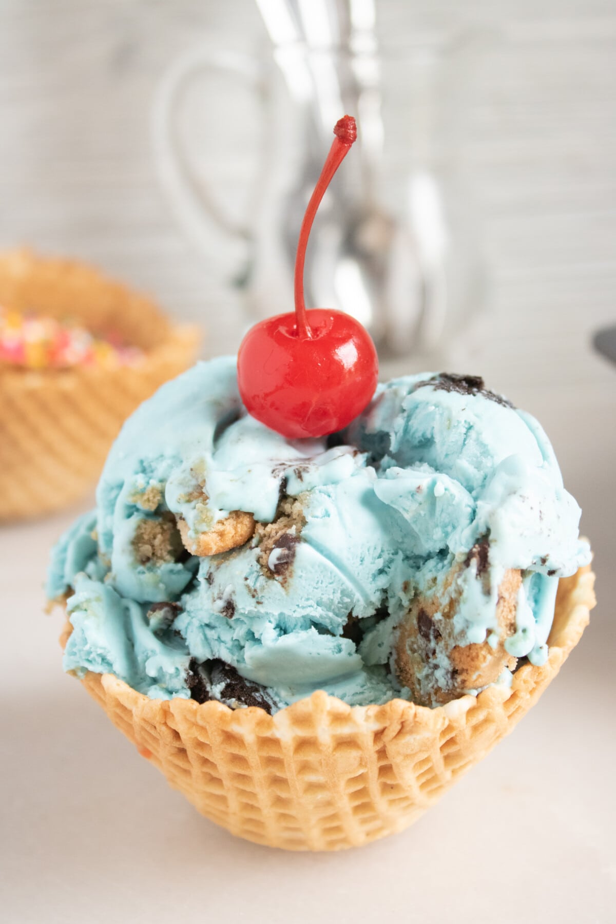 Cookie Monster Ice Cream in a waffle bowl.