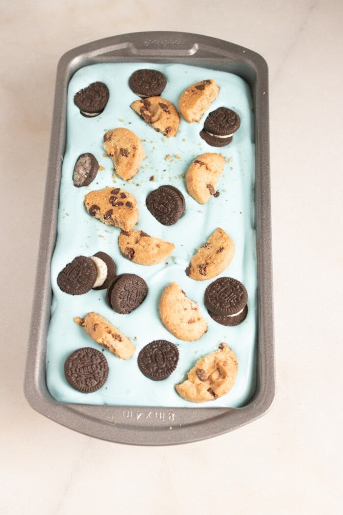 Cookie Monster Ice Cream with cookies and Oreos in it.