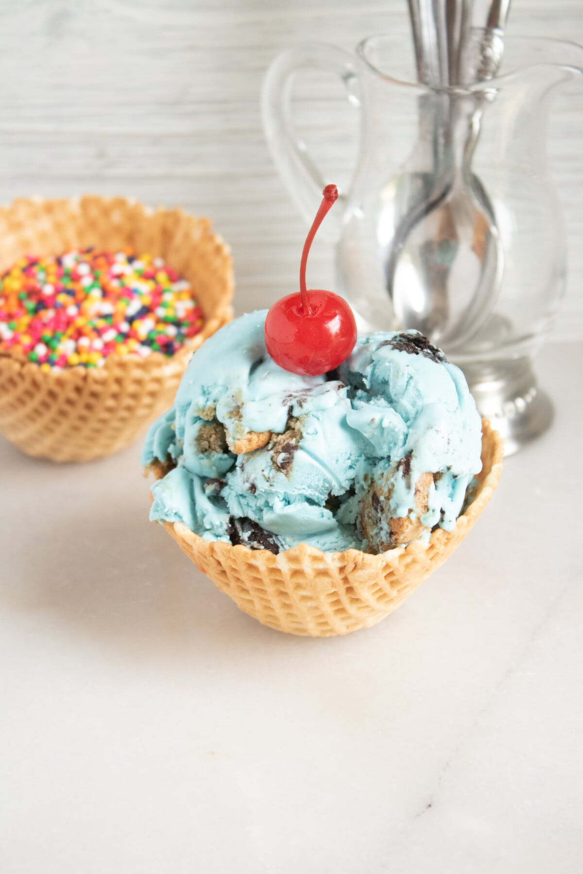 Cookie Monster Ice Cream with a cherry on top.