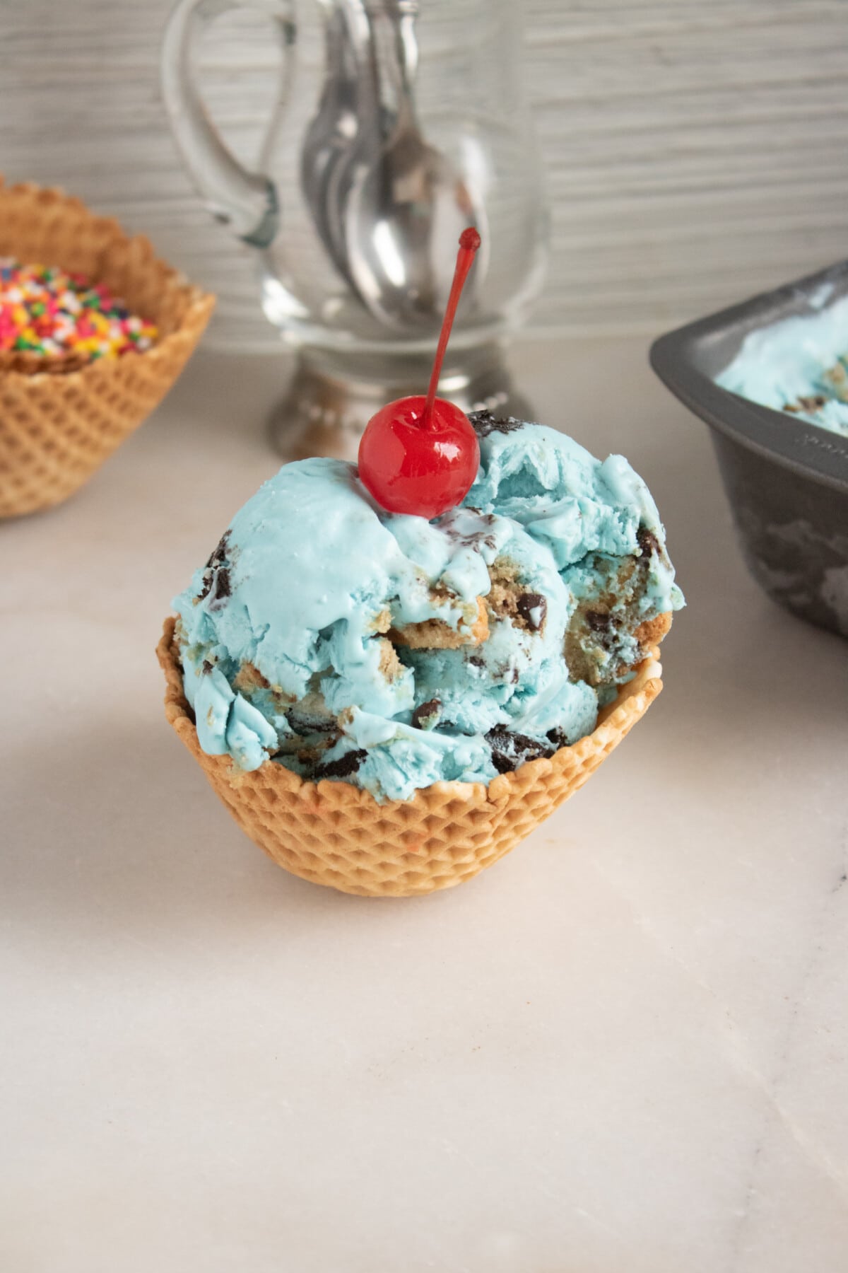 Cookie Monster Ice Cream on a table.
