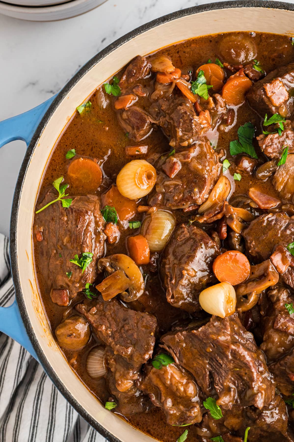 Overhead view of a pot of Beef Bourguignon
