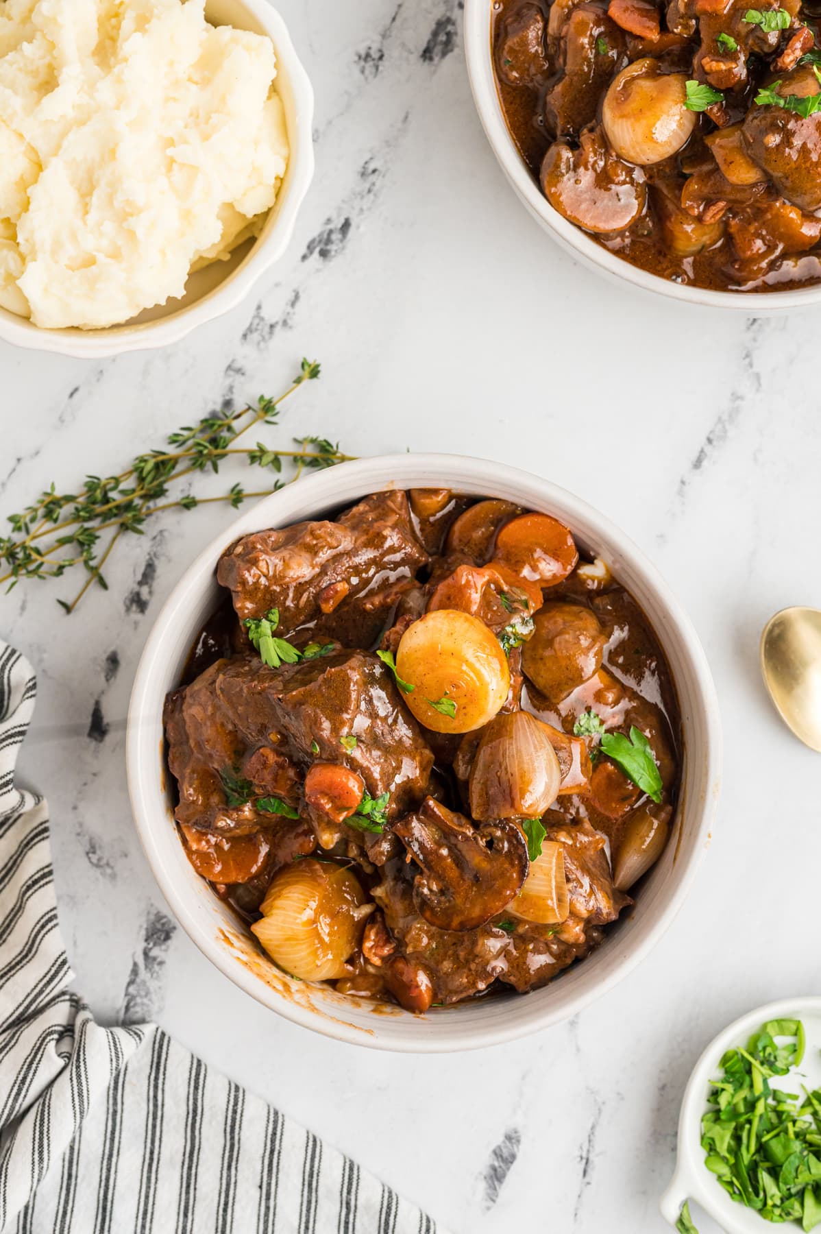 Overhead view of a bowl of Beef Bourguignon