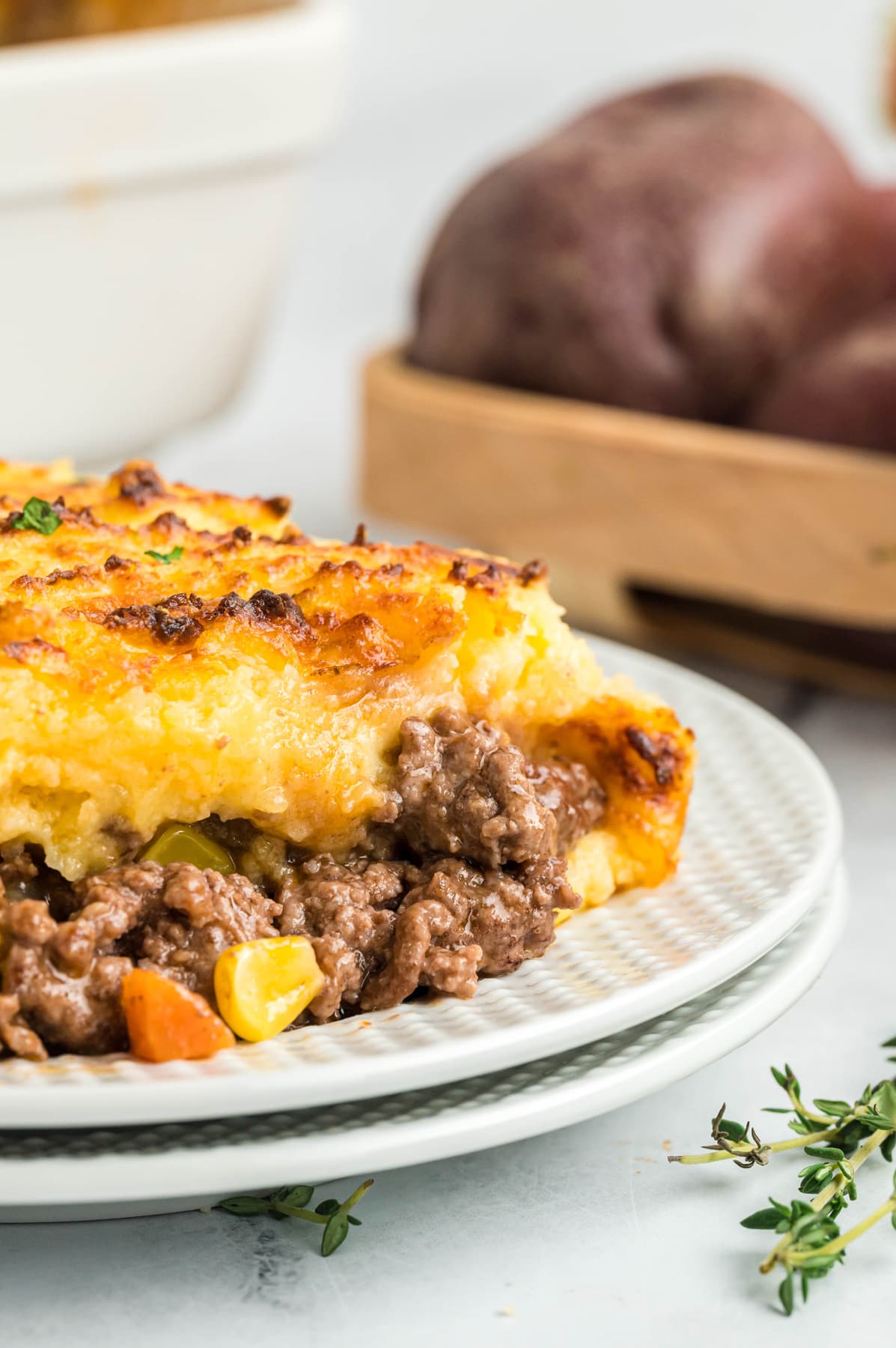 A serving of shepherd's pie on a plate