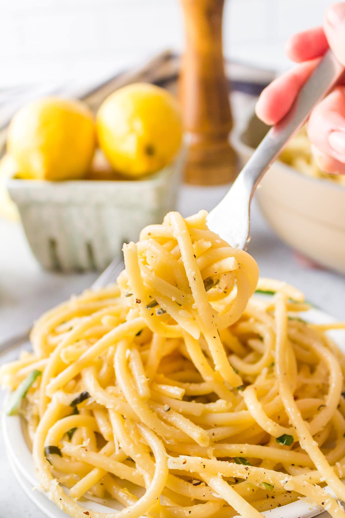 fork with lemon garlic pasta