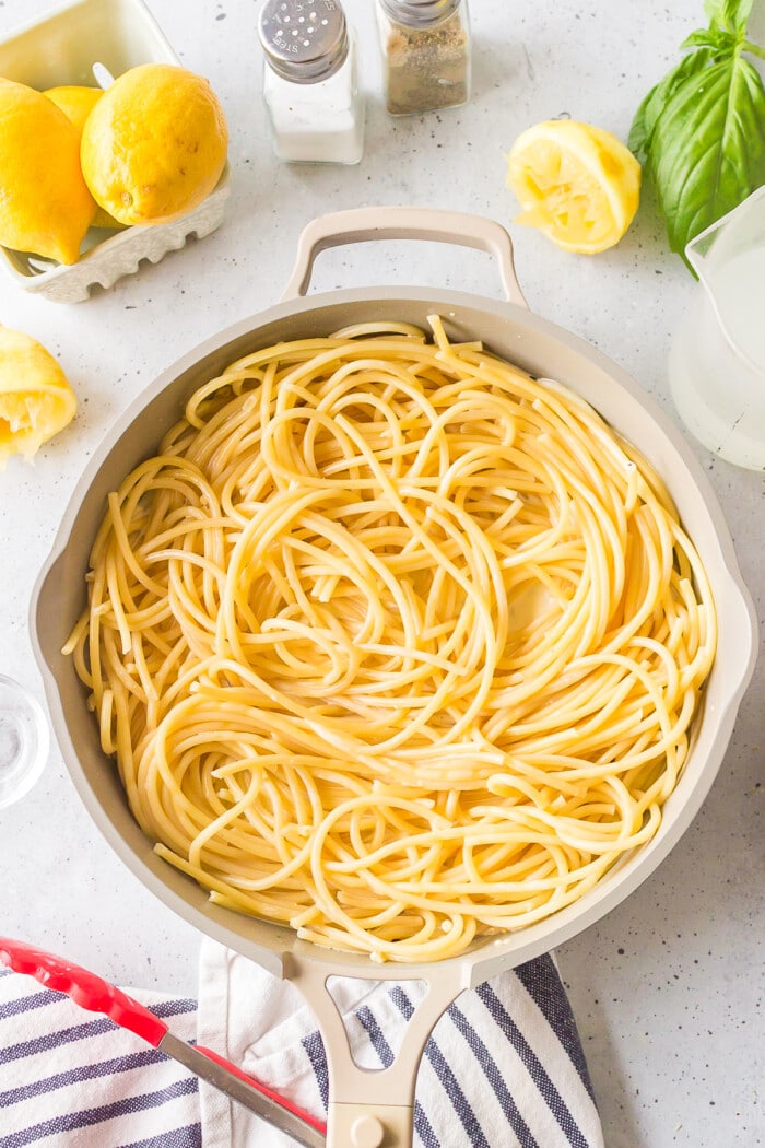 pasta in skillet with lemon and garlic
