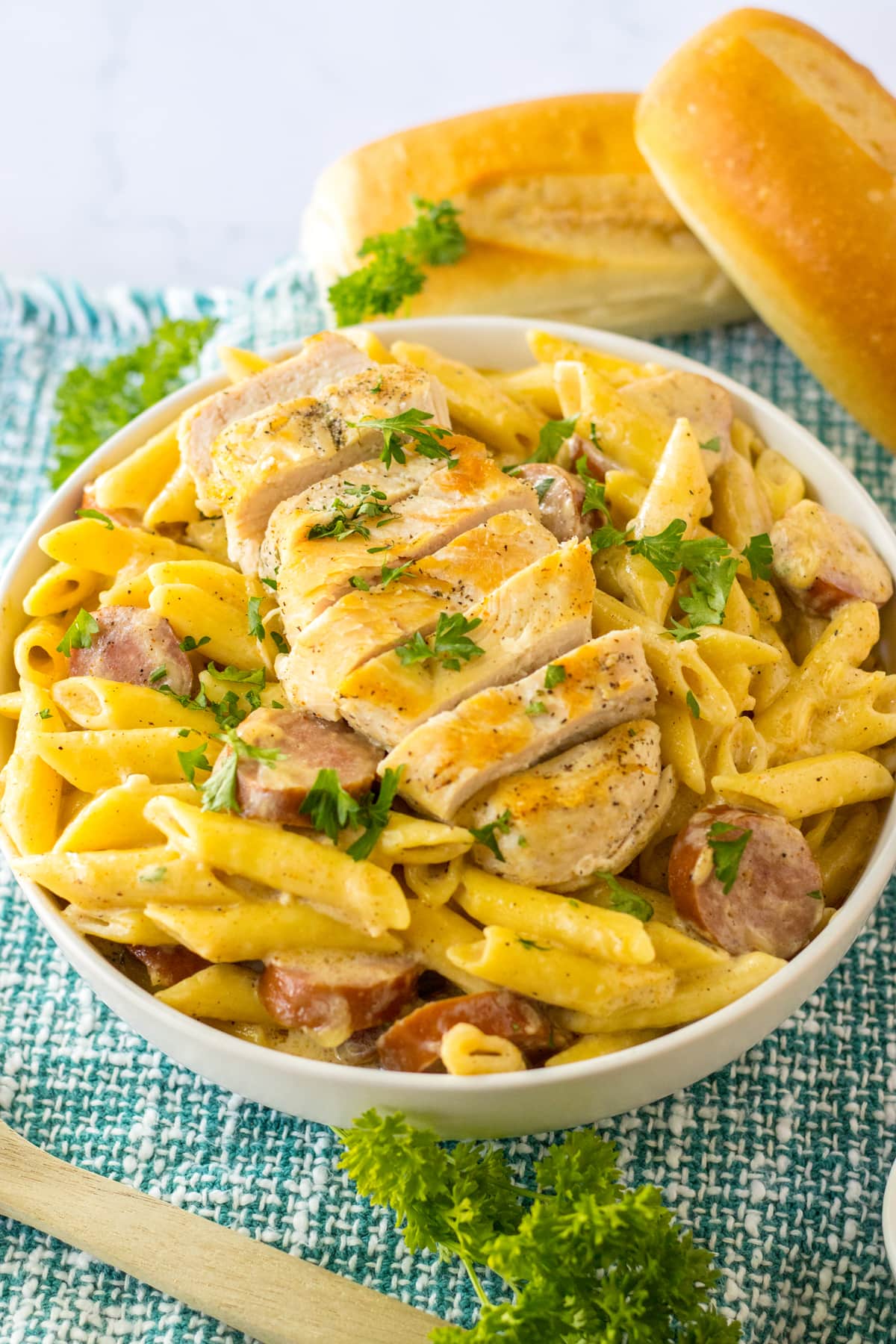 cajun chicken alfredo in white bowl