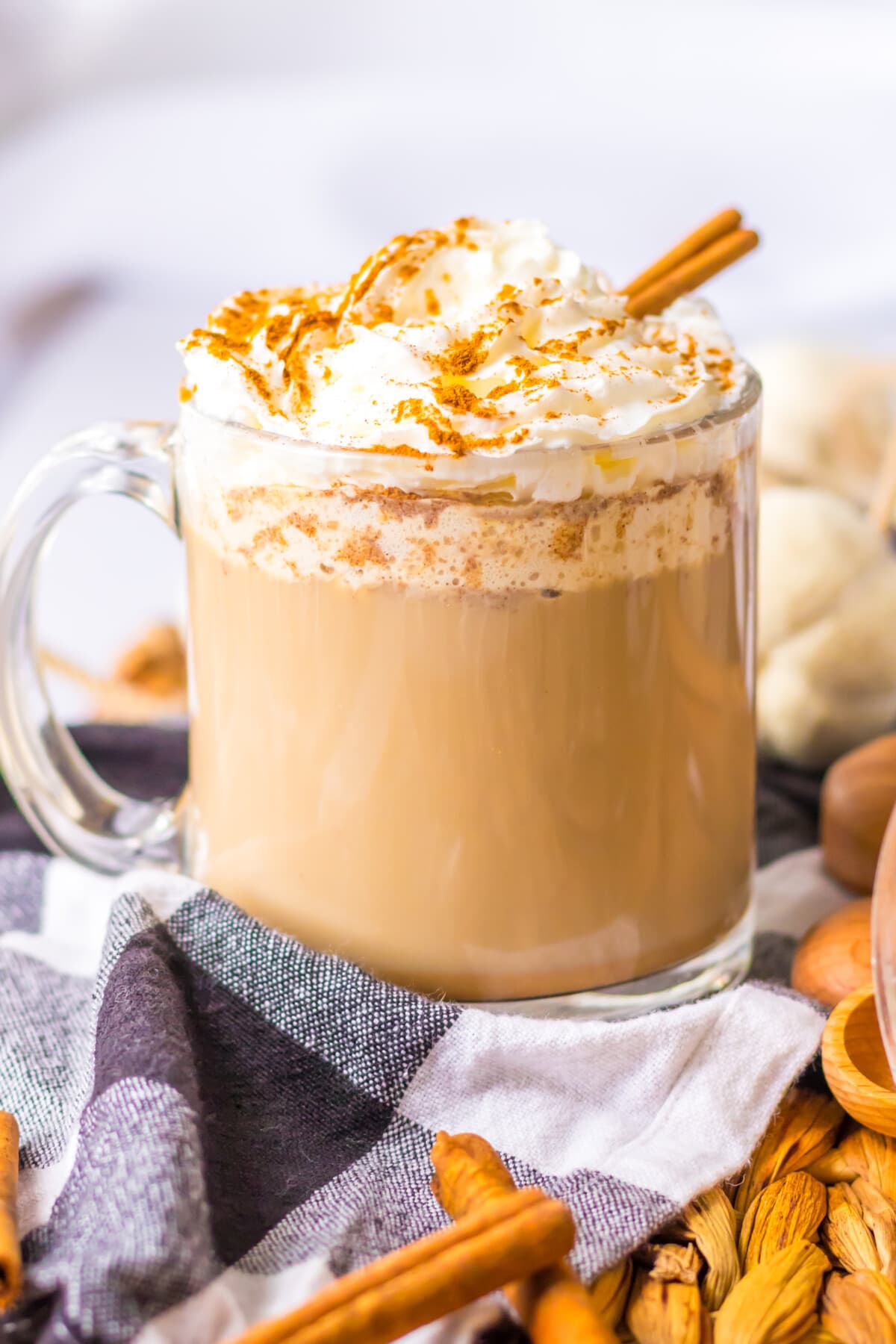 Slow Cooker Pumpkin Spice Latte topped with cinnamon sticks.