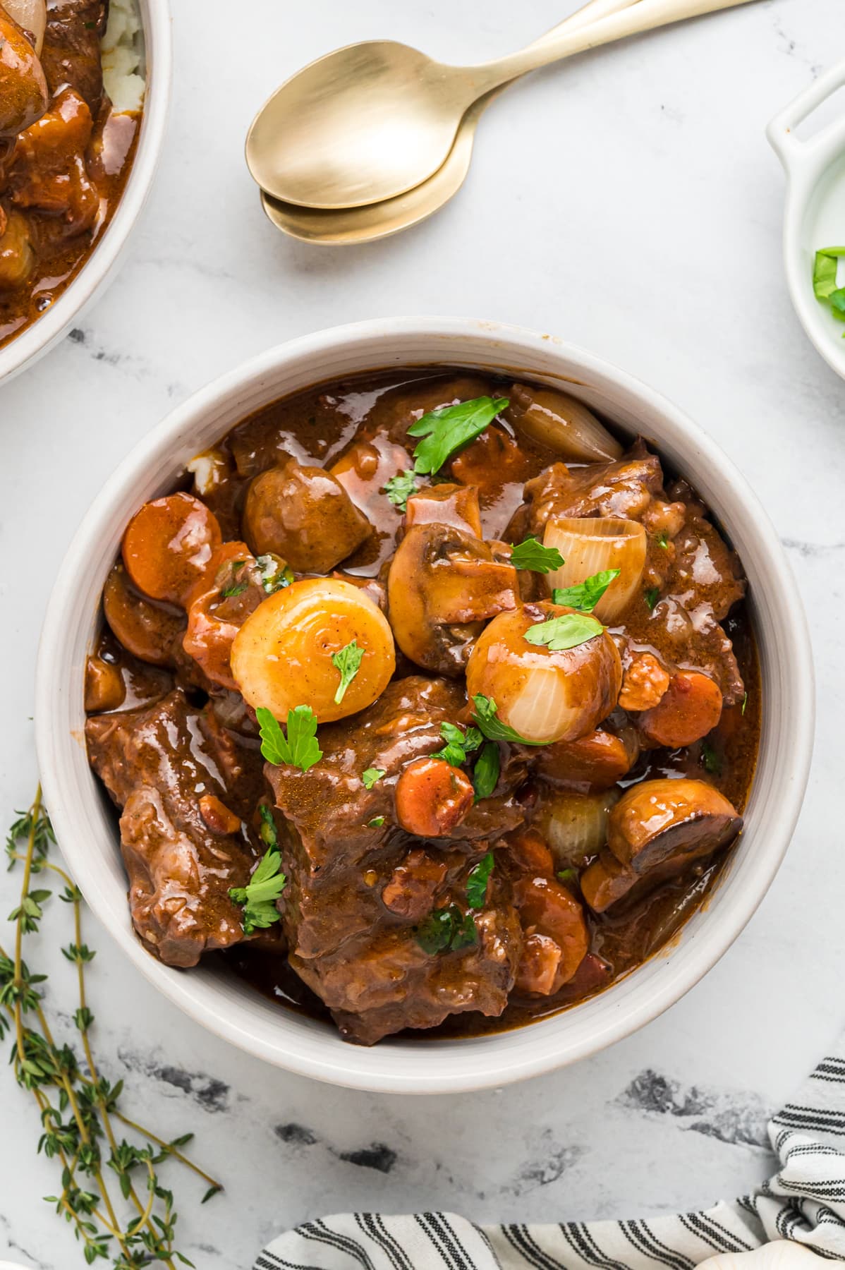 Overhead view of a bowl of Beef Bourguignon
