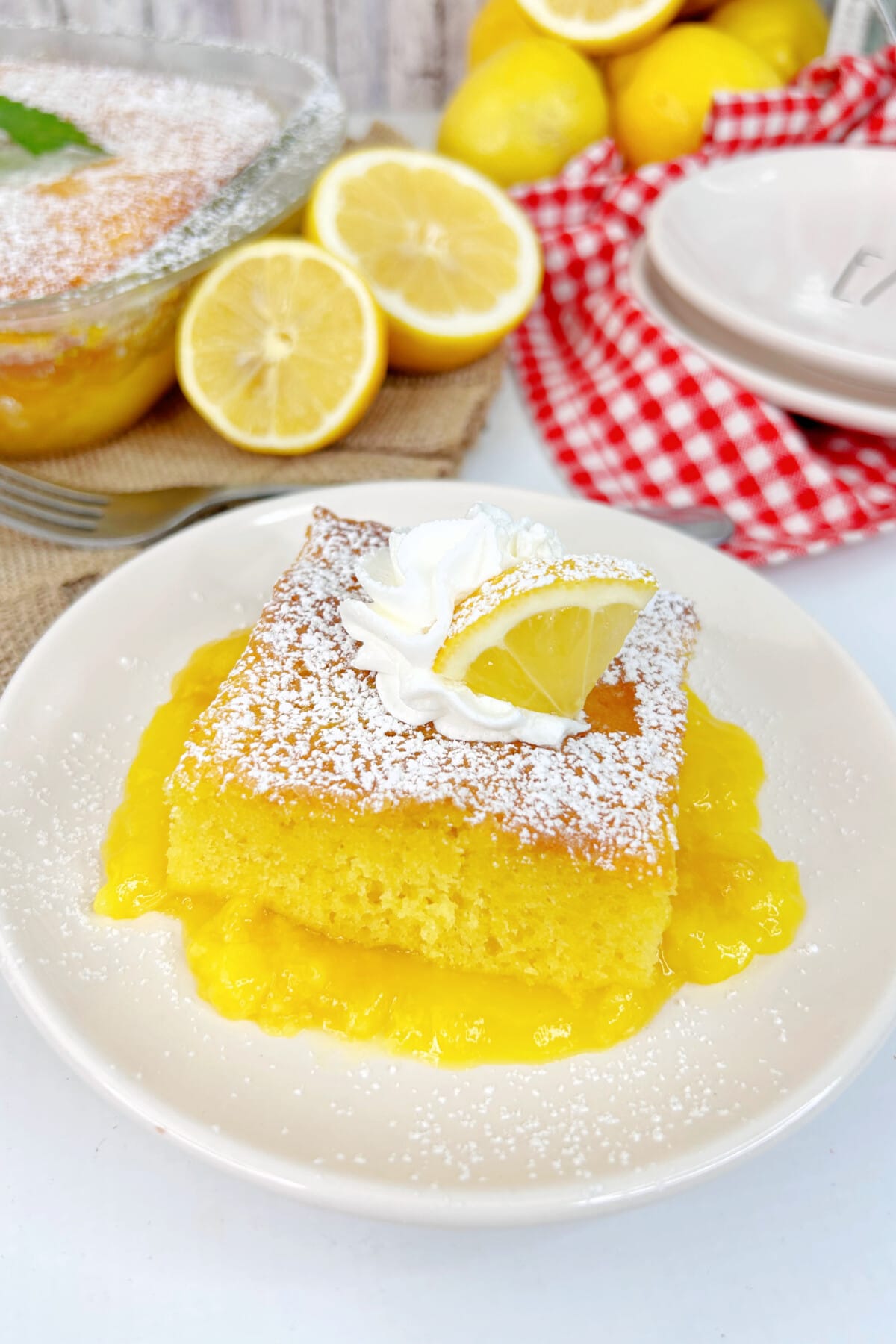 lemon pudding cake in a white plate