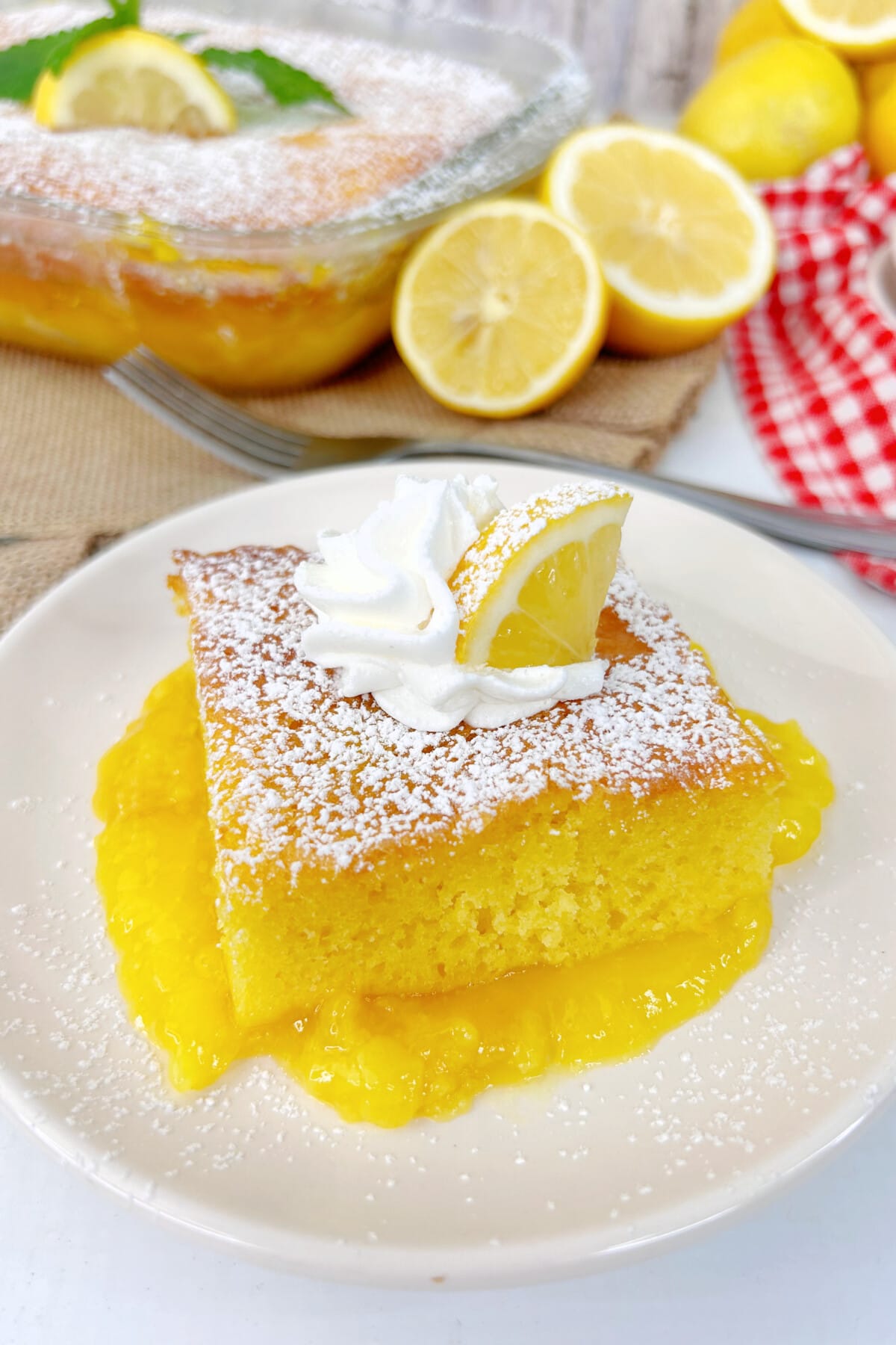 warm lemon pudding on a white plate