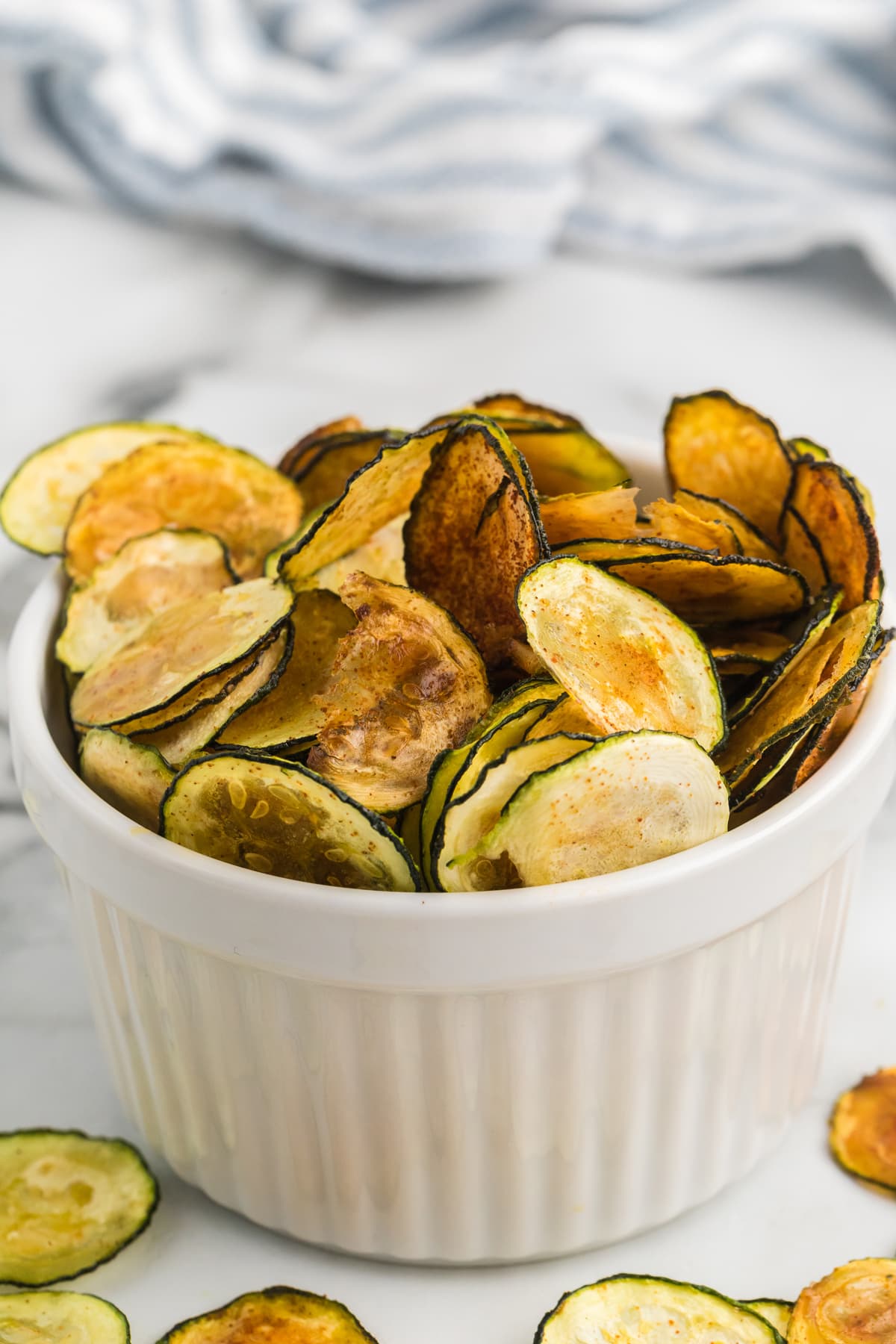 zucchini chips in white bowl