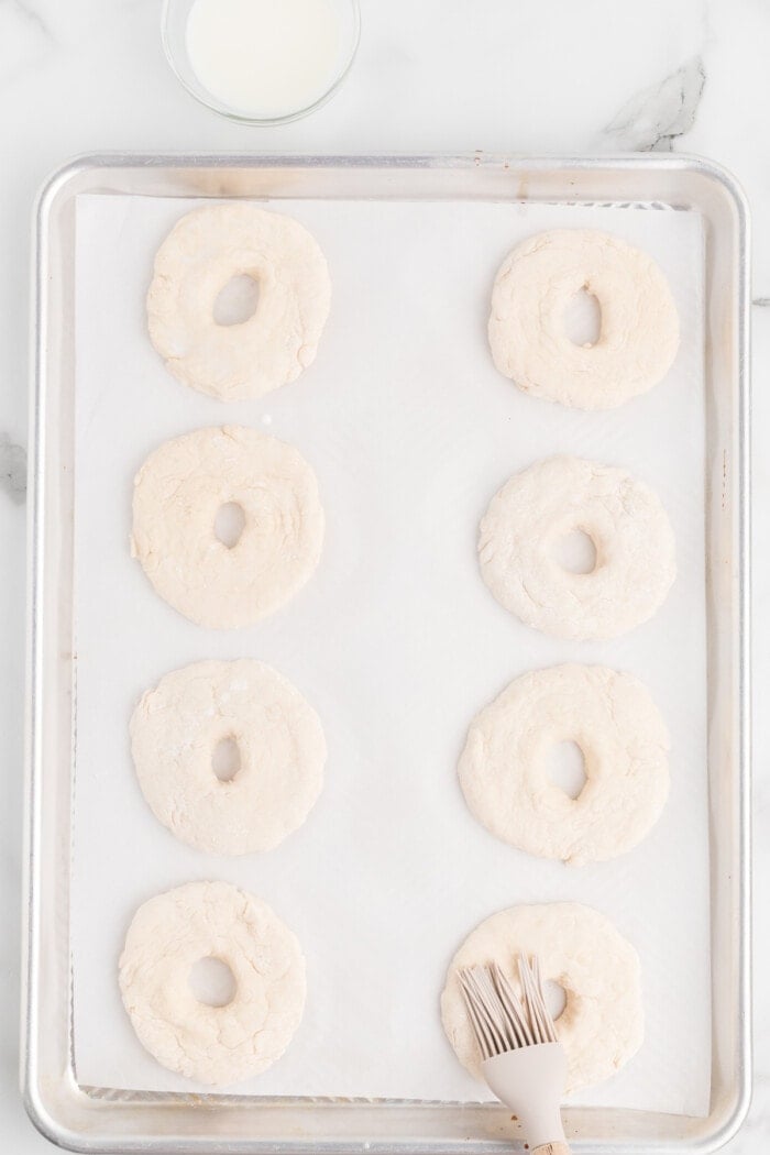 2 ingredient bagels shaped on a baking sheet