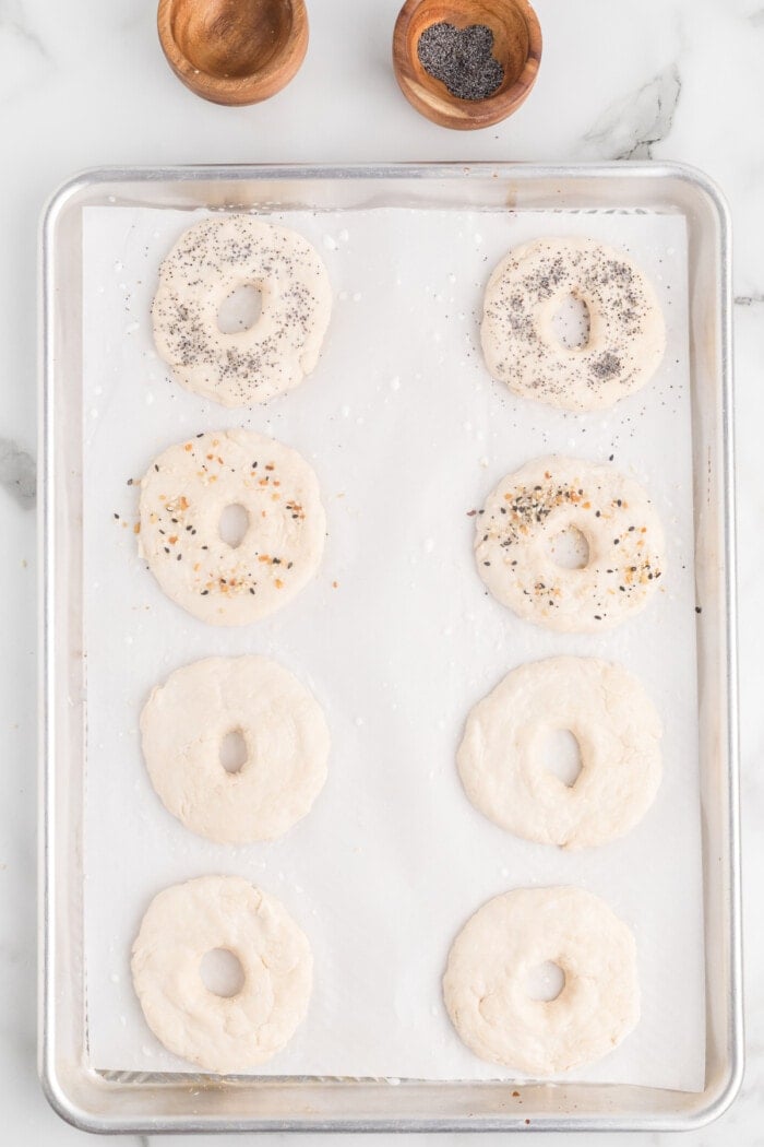 Dough shaped into bagels on a baking sheet