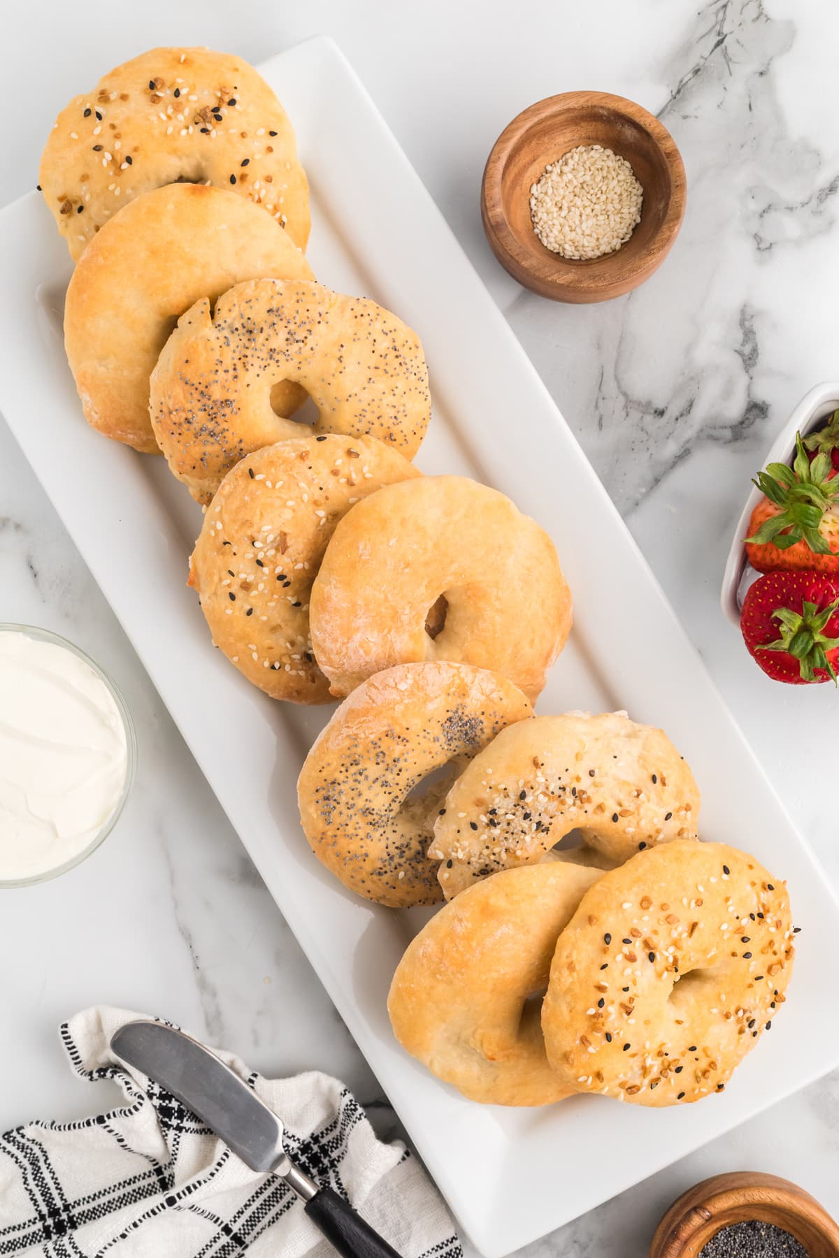 Overhead view of 2 ingredient bagels on a serving platter
